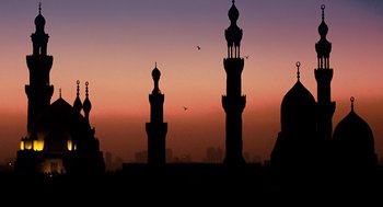 Movie still from “Charlie Wilson's War” (2007), directed by Mike Nichols – A view of a city at sunset with a bird flying in the foreground; Extreme Wide shot, Low angle