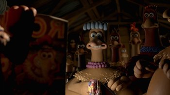 Movie still from “Chicken Run” (2000), directed by Peter Lord – A character in a room; Close Up shot, High angle