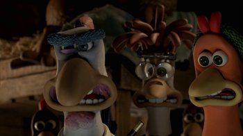 Movie still from “Chicken Run” (2000), directed by Peter Lord – View of a cartoon character; Close Up shot, Low angle