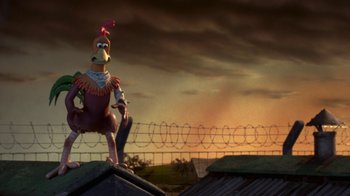 Movie still from “Chicken Run” (2000), directed by Peter Lord – A cartoon chicken standing on top of a roof; Medium shot, Low angle