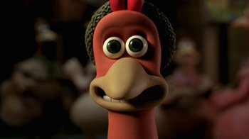 Movie still from “Chicken Run” (2000), directed by Peter Lord – The head of a cartoon character; Close Up shot, High angle