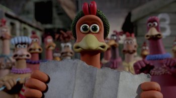 Movie still from “Chicken Run” (2000), directed by Peter Lord – The head of a cartoon character; Close Up shot, High angle
