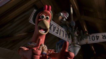 Movie still from “Chicken Run” (2000), directed by Peter Lord – A character from the movie toy story; Close Up shot, High angle