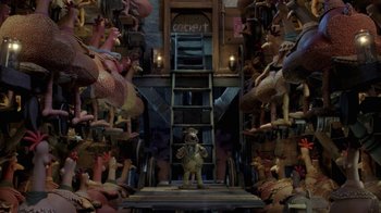 Movie still from “Chicken Run” (2000), directed by Peter Lord – A lot of toys in this room; Wide shot, Overhead angle