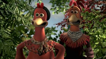 Movie still from “Chicken Run” (2000), directed by Peter Lord – A couple of chickens are standing next to each other; Close Up shot, Low angle
