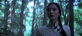 Movie still from “Chilling Adventures of Sabrina” (2018), created by Roberto Aguirre-Sacasa – A woman in a white dress standing in front of a forest; Close Up shot, Low angle