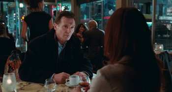 Movie still from “Chloe” (2009), directed by Atom Egoyan – A man and a woman sitting at a table with wine glasses; Medium shot, Over the shoulder angle