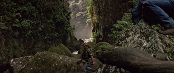 Movie still from “Clear and Present Danger” (1994), directed by Phillip Noyce – A man with a backpack walking through a lush green forest; Wide shot, High angle