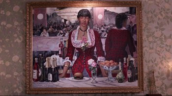 Movie still from “Coming to America” (1988), directed by John Landis – A painting of a woman in a red dress at a bar; Medium shot, Overhead angle