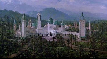 Movie still from “Coming to America” (1988), directed by John Landis – An oil painting of a large building with many domes and spires; Extreme Wide shot, High angle