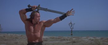 Movie still from “Conan the Barbarian” (1982), directed by John Milius – A man holding a sword over his head in the desert; Medium shot, Low angle