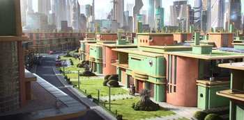 Movie still from “Big Bug” (2022), directed by Jean-Pierre Jeunet – An illustration of a city with a lot of green grass; Extreme Wide shot, High angle