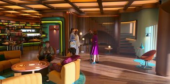 Movie still from “Big Bug” (2022), directed by Jean-Pierre Jeunet – A group of people standing in a room; Wide shot, High angle