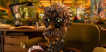 Movie still from “Big Bug” (2022), directed by Jean-Pierre Jeunet – The face of a robot; Close Up shot, Low angle