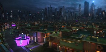 Movie still from “Big Bug” (2022), directed by Jean-Pierre Jeunet – An image of a futuristic city at night time; Extreme Wide shot, High angle