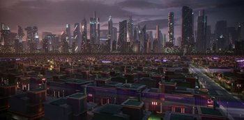 Movie still from “Big Bug” (2022), directed by Jean-Pierre Jeunet – An image of a futuristic city at night time; Extreme Wide shot, High angle