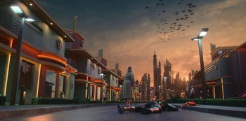 Movie still from “Big Bug” (2022), directed by Jean-Pierre Jeunet – An image of a woman looking at a bunch of people laying on the ground; Extreme Wide shot, High angle