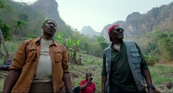 Movie still from “Da 5 Bloods” (2020), directed by Spike Lee – A group of men standing on top of a lush green field; Medium shot, Low angle
