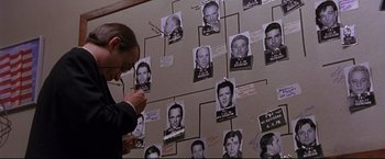 Movie still from “Donnie Brasco” (1997), directed by Mike Newell – A man looking at a wall of photos of people with mugshots on them; Medium shot, High angle