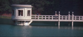 Movie still from “Earthquake” (1974), directed by Mark Robson – Two people standing on a bridge over a body of water; Extreme Wide shot, High angle