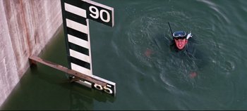 Movie still from “Earthquake” (1974), directed by Mark Robson – A man swimming in a body of water; Wide shot, High angle