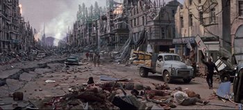 Movie still from “Earthquake” (1974), directed by Mark Robson – An image of a city that has been destroyed; Extreme Wide shot, High angle
