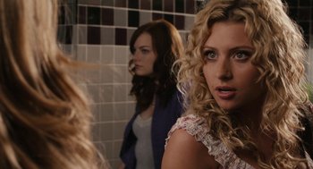 Movie still from “Easy A” (2010), directed by Will Gluck – Two women in a bathroom looking in the mirror; Close Up shot, Over the shoulder angle