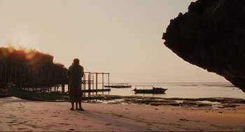 Movie still from “Eat Pray Love” (2010), directed by Ryan Murphy – A person standing on the beach looking out at the water; Extreme Wide shot, Over the shoulder angle