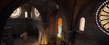 Movie still from “Fast & Furious” (2009), directed by Justin Lin – A room filled with lots of pillars and a stained glass window; Extreme Wide shot, Overhead angle
