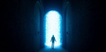 Movie still from “Fate: The Winx Saga” (2021), created by Brian Young – A person is standing in a tunnel with a blue light coming from it; Extreme Wide shot, Low angle