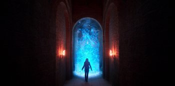 Movie still from “Fate: The Winx Saga” (2021), created by Brian Young – A person walking through an archway towards a blue light; Extreme Wide shot, Low angle