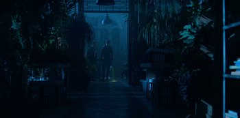 Movie still from “Fate: The Winx Saga” (2021), created by Brian Young – Two people are walking through a dark hallway; Extreme Wide shot, Over the shoulder angle
