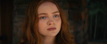 Movie still from “Fear Street: Part Two - 1978” (2021), directed by Leigh Janiak – A person with blue eyes; Close Up shot, Low angle