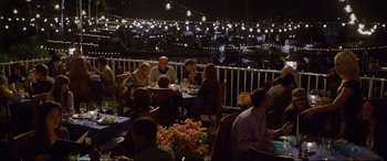 Movie still from “Friends with Benefits” (2011), directed by Will Gluck – A group of people sitting at a table eating dinner; Wide shot, High angle