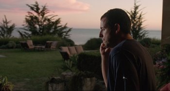 Movie still from “Funny People” (2009), directed by Judd Apatow – A man standing in front of a body of water at dusk; Medium shot, Over the shoulder angle