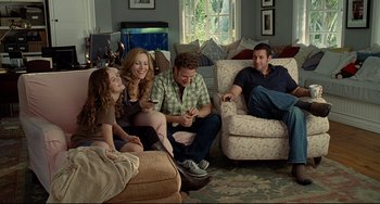 Movie still from “Funny People” (2009), directed by Judd Apatow – A group of people sitting in a living room together; Wide shot, High angle