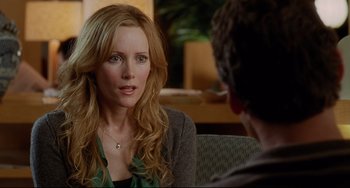 Movie still from “Funny People” (2009), directed by Judd Apatow – A woman sitting in front of a man in front of a couch; Close Up shot, Over the shoulder angle