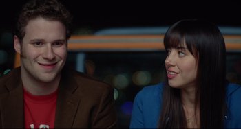 Movie still from “Funny People” (2009), directed by Judd Apatow – A man and a woman sitting next to each other in front of lights; Close Up shot, Over the shoulder angle