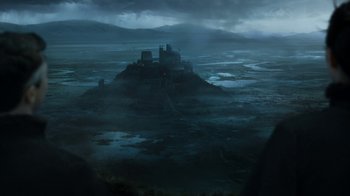 Movie still from “Game of Thrones” (2011), created by D.B. Weiss – A castle on a hill in the middle of a valley; Extreme Wide shot, Low angle