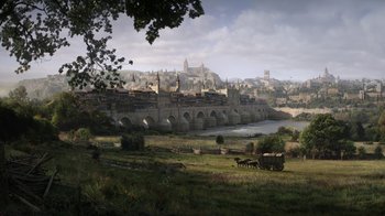 Movie still from “Game of Thrones” (2011), created by D.B. Weiss – An image of an old town with a bridge in the background; Extreme Wide shot, High angle