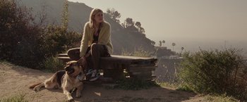 Movie still from “Greenberg” (2010), directed by Noah Baumbach – A woman sitting on top of a wooden bench next to a dog; Wide shot, High angle