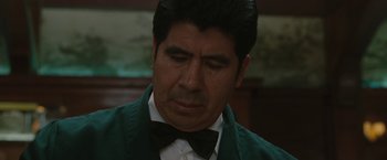 Movie still from “Greenberg” (2010), directed by Noah Baumbach – A person wearing a suit and bow tie; Close Up shot, Low angle