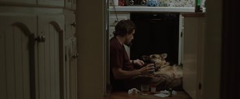 Movie still from “Greenberg” (2010), directed by Noah Baumbach – A man sitting on the floor next to a dog; Wide shot, High angle
