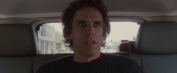 Movie still from “Greenberg” (2010), directed by Noah Baumbach – Ben stiller in the backseat of a car; Close Up shot, Over the shoulder angle