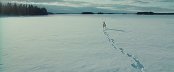 Movie still from “Hanna” (2011), directed by Joe Wright – A deer is walking across a snow covered field; Extreme Wide shot, High angle