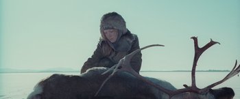 Movie still from “Hanna” (2011), directed by Joe Wright – A woman in winter clothing petting a deer; Medium shot, High angle