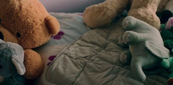 Movie still from “Heartbreak High” (2022), created by Michael Jenkins – Two teddy bears are laying on a bed; Extreme Close Up shot, Overhead angle