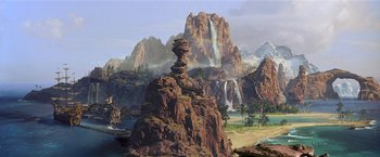 Movie still from “Hook” (1991), directed by Steven Spielberg – An image of a mountain with a waterfall in the background; Extreme Wide shot, High angle