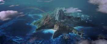 Movie still from “Hook” (1991), directed by Steven Spielberg – An aerial view of the ocean with a rainbow in the background; Extreme Wide shot, High angle
