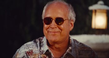 Movie still from “Hot Tub Time Machine” (2010), directed by Steve Pink – An older man wearing sunglasses and a hawaiian shirt; Close Up shot, Over the shoulder angle